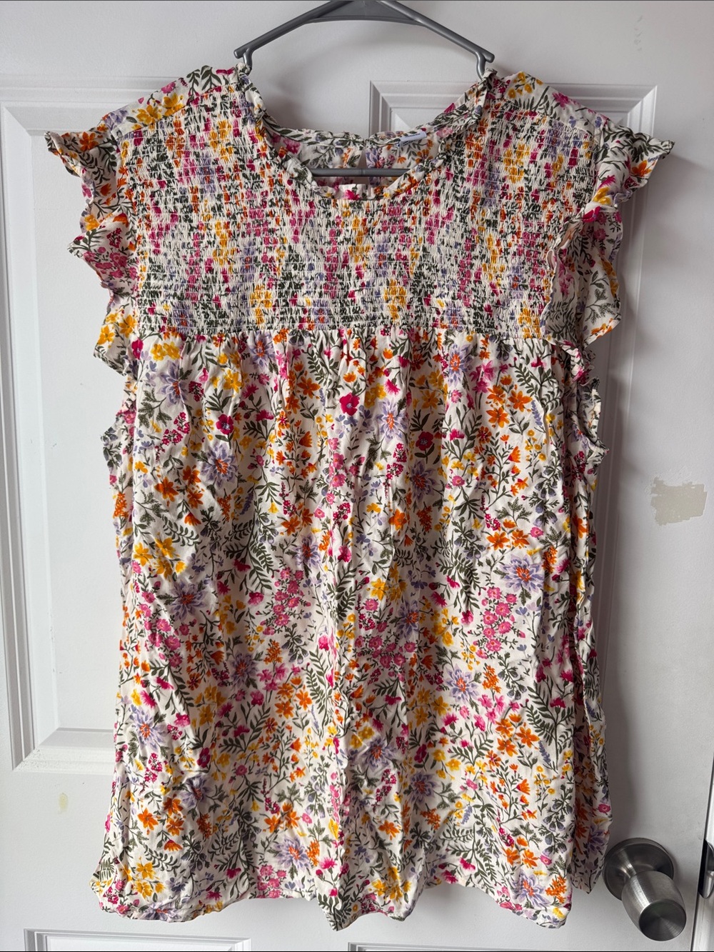 Old Navy Floral Smocked Cap-Sleeve Top - White with Pink, Orange, Yellow & Green